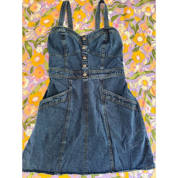 Vtg Y2K Japra Overall Mini Denim Jean Smocked Sundress Strap Dress Large 90s - Picture 1 of 7
